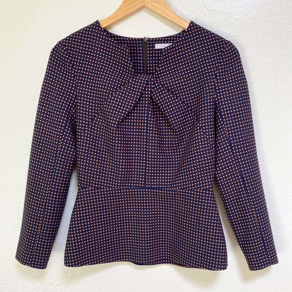 Women’s Navy and Pink Patterned Bow-Front Blouse